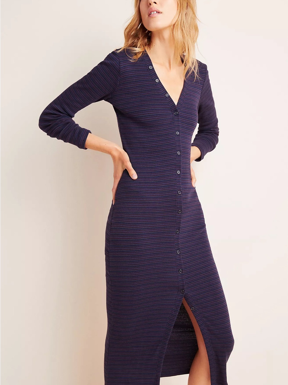 SUNDRY Anthropologie Navy Ribbed Button Front Midi Dress S NWT